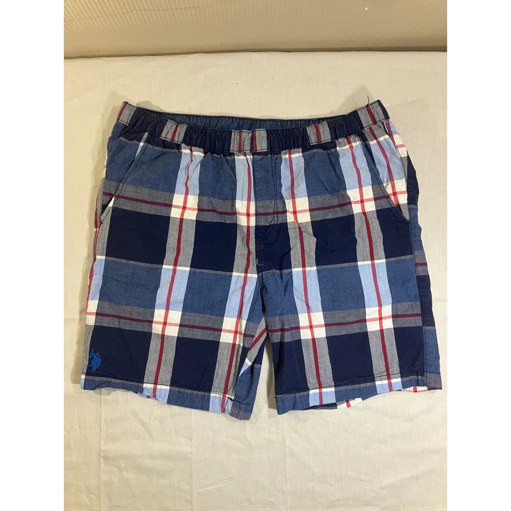 US Polo Assn Mens Large Blue Plaid Cotton Lounge Sleep Shorts 11A872